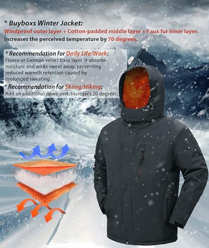 Men's Waterproof Snow Ski Jacket - Insulated Hooded Coat, Fleece Lined, Deep Grey, Medium