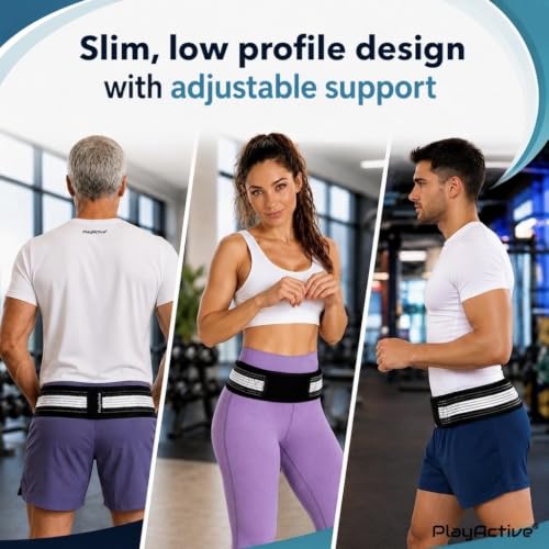 PlayActive Sacroiliac SI Joint Hip Belt - Lower Back & Pelvic Support, Regular (Hip 32-47 inch), Black & White