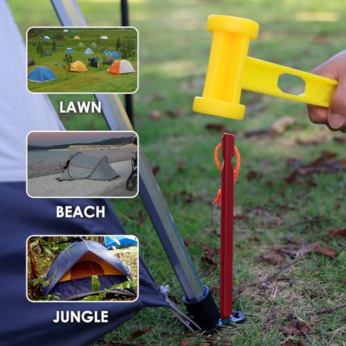 Grassman Tent Stakes 16 Pack - 9 Inch Heavy Duty Aluminum Ground Pegs with Reflective Ropes - Red Variation