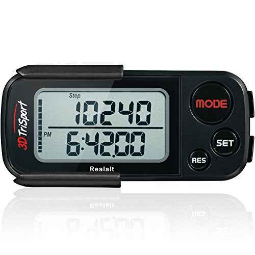Realalt 3DTriSport Walking 3D Pedometer with Clip & Strap, eBook Included 30 Days Memory Accurate Step Counter, Walking Distance Miles/Km, Calorie Counter, Daily Exercise Time Monitor