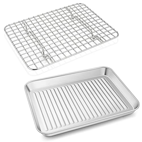 P&P CHEF Stainless Steel Baking Pan with Wire Rack - 10.5 x 8 x 1 Inch