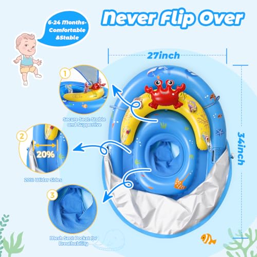 Blue Baby Pool Float with Canopy UPF50+ Adjustable Sun Protection and Safety Seat