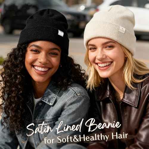 YANIBEST Satin Lined Beanie for Women Reduce Frizz Winter Hats for Women Men Silk Lining Soft Slouchy Warm Cuffed Less Static