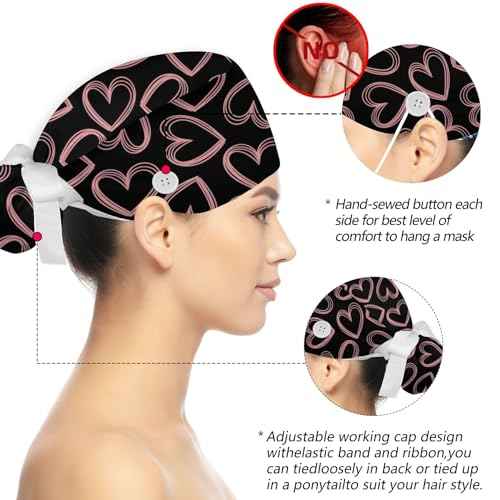 Working Cap Scrub Caps for Women, Adjustable Long Hair Nurse Head Cap, Surgical Bonnet with Sweatband & Buttons