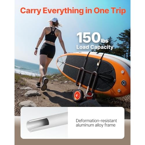 VEVOR Stand Up Board Cart, 150 lbs Surfboard Transport Cart, with 10-inch Solid Rubber Tires & Kickstands & Ratchet Strap for 2 Stand Up Paddle Boards & Surfboards