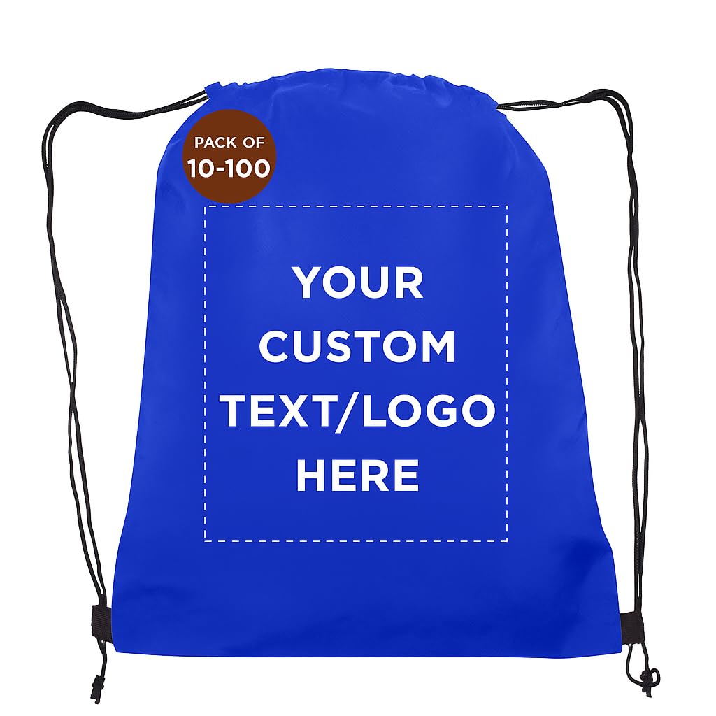 DISCOUNT PROMOS Custom Non-Woven Drawstring Backpacks Set of 10/50/100, Personalized Bulk Pack - Travel, Gym, Everyday Use - Blue