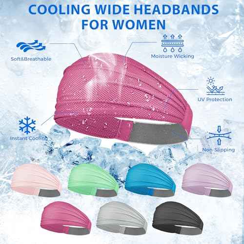 Sukeen Wide Headbands for Women, Instant Cooling Elastic Non-Slip Workout Headbands, Moisture-Wicking Sports Sweatbands for Gym, Yoga, Running, Fitness