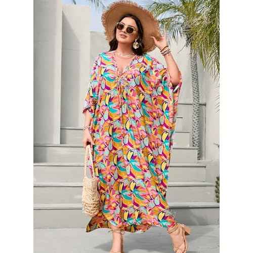 Women's Plus Size Tropical Kaftan Dress V-Neck Batwing Sleeve Beach Cover Up for Swimsuit Vacation Caftan Dress