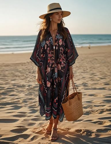 Women's Long Lightweight Kimono Cover Up - Black Floral Large