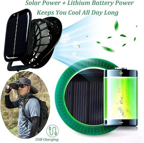 Hat with Fans Solar Power, Wide Brim Sun Hat with 2 Solar Fan for Men Women, UPF 50+ Bucket Fishing Hat with Fan Built in Khaki