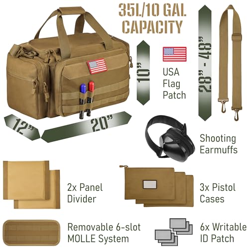 Tactical Range Bag with Pistol Cases & Hearing Protection - Khaki Brown