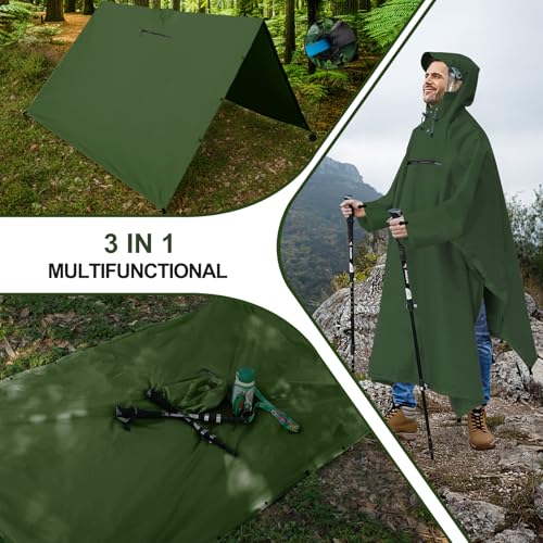 Andake Waterproof Rain Poncho for Adults Unisex with Transparent Viewing Window - One Size Dark Green