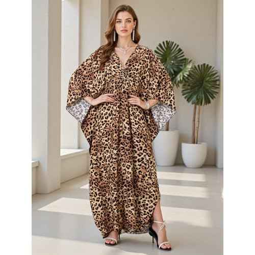 Women's Plus Size Animal Print V-Neck Batwing Kaftan Beach Dress Bathing Suit Cover-Up Loungewear