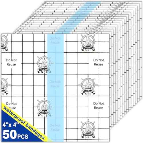 AZEN 50 Pieces Waterproof Bandages, Transparent Film Dressing 4 X 4, Clear Bandages Waterproof Adhesive Bandage, Second Skin Tattoo Cover Up Tape
