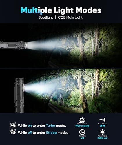 Rechargeable LED EDC Flashlight 1000 Lumens with Magnetic Base & Turbo Mode