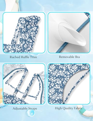 Girls 2 Piece Swimsuit Bikini Set - Blue White Floral, Adjustable Straps, Ruffle Trim, Ruched, Square Neck, Teen 9-16Y