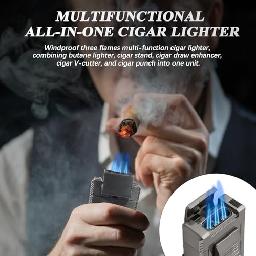 Gray Multifunctional Cigar Lighter with Built-in Cutter & Accessories - All-in-1 Torch