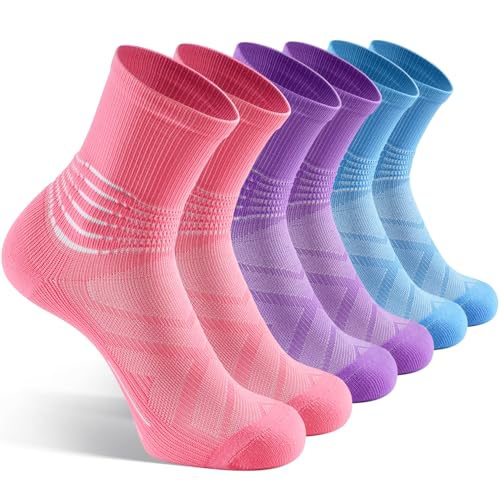 IRAMY Compression Ankle Support Crew Socks Men Women 3 Pairs - Pink+Purple+Light Blue Large