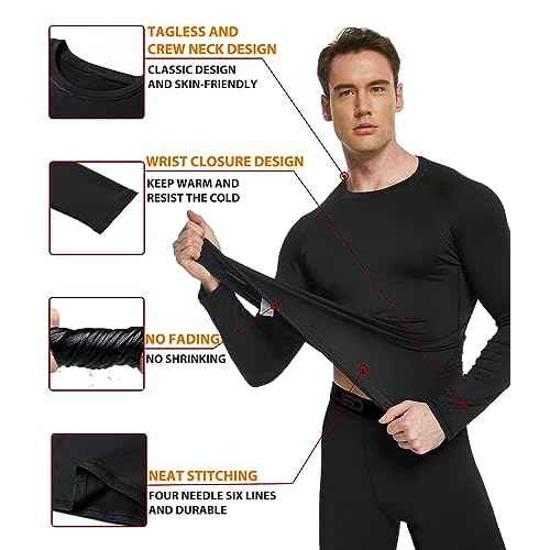 TELALEO 2 Set Mens Thermal Underwear Fleece Lined Long Johns 4 Pcs Base Layer Shirts Pant for Cold Winter Weather