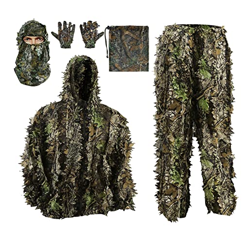 Outdoor Camouflage Ghillie Suit for Hunting & Airsoft, 3D Leafy Hooded Design - Dark Green, Height 5.9-6.2 ft