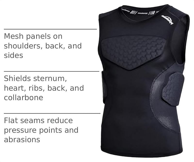Kids Padded Football Shirt with Chest Rib Protector - Black, Medium