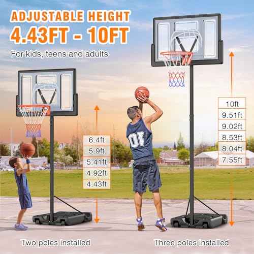Basketball Hoop Outdoor 10ft Adjustable, Portable Basketball Hoop Goal System for Kids Youth and Adults in Backyard/Driveway/Indoor, 44 Inch Shatterproof Backboard and Larger Base