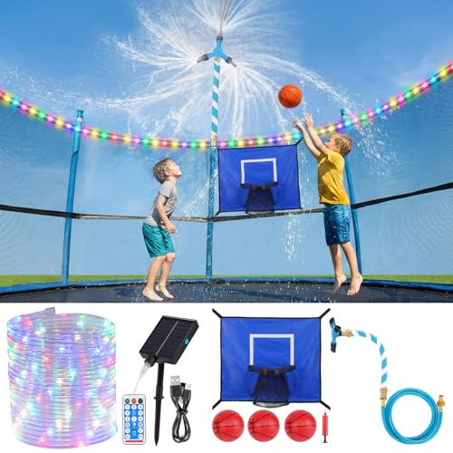 3-in-1 Trampoline Accessories Kit with Water Sprinkler, LED Lights & Basketball Hoop