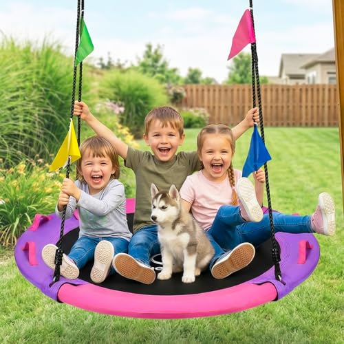 Kids & Adults Saucer Tree Swing - Pink & Purple, 43 Inch, 900LBS Capacity, 360° Swivel Outdoor Play Equipment