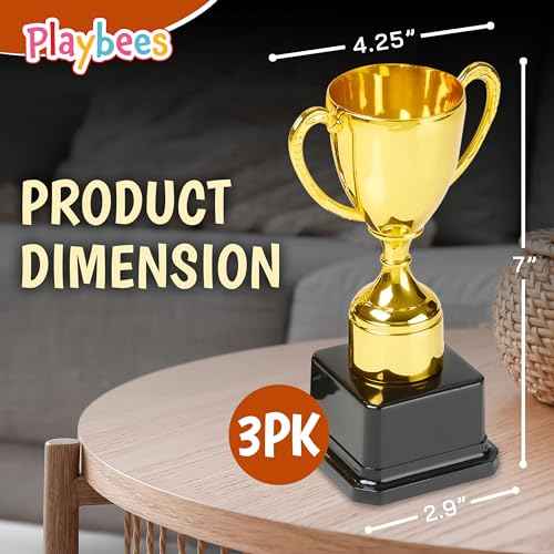 Playbees Fun Gold Plastic Trophies - 3 Pack - 7 Inch - Award Trophy Cup Set for Superstar Kids - Champion Celebrations, Sports Galore, and Victory Vibes - Desktop Toy