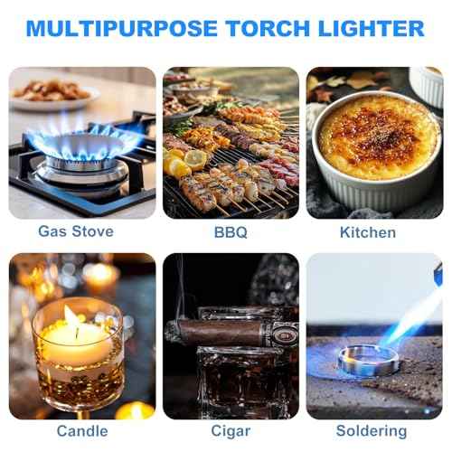Torch Lighter, Windproof Adjustable Big Jet Flame Butane Torch, Refillable Gas Luxury Butane Lighter with Safety Lock for Candle Grill Camping Kitchen BBQ Cooking Soldering (Gas Not Included)