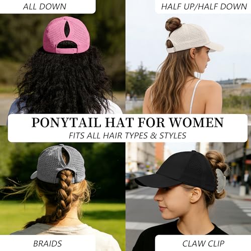 Women's UPF 50+ Waterproof Baseball Cap with Ponytail Hole - Black