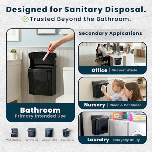 Wall-Mounted Feminine Hygiene Disposal Receptacle with Odor Seal - Black