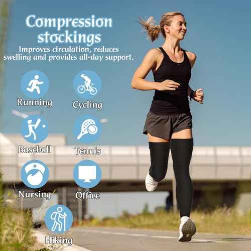 Thigh High Compression Stockings 20-30 Mmhg Compression Leg Sleeves with Silicone Anti-slip Strap Footless Compression Socks for Sport Running Edema, Black, XL