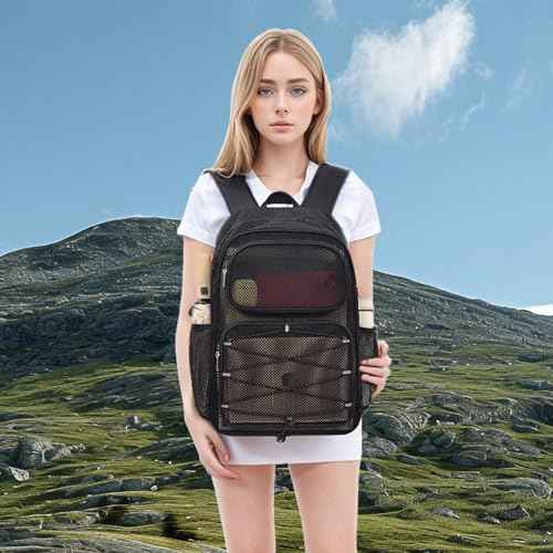 Mesh Backpack Heavy Duty See Through Mesh Bag with Paded Strap Large Capacity for Sports Hiking Travel Outdoor Beach, Black