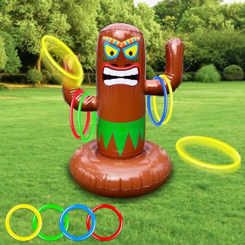 Inflatable Tiki Pool Ring Toss Game - 27 Inch Tropical Summer Party Toy with 4 Rings