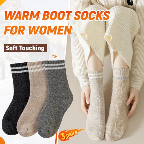 Thermal Ski Socks for Women - Extra Thick Insulated Winter Crew Socks with Variation Black, Khaki, Grey - 3 Pairs