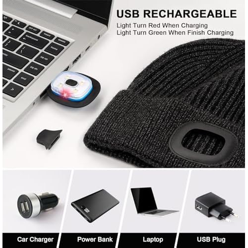 Wmcaps Unisex Hat with Light, USB Rechargeable LED Beanie, Winter Warm Knitted Headlamp Hat Gifts for Men Him Dad Husband