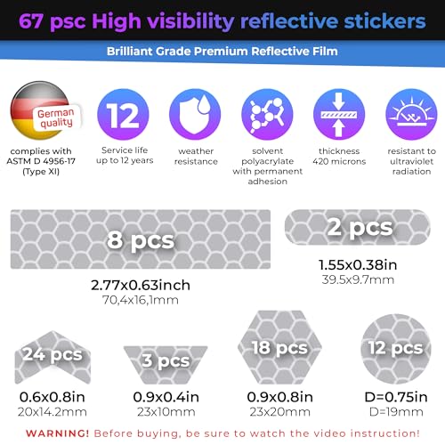 Reflective Stickers for Bikes & Helmets - 67 Piece Safety Decal Set, Gray