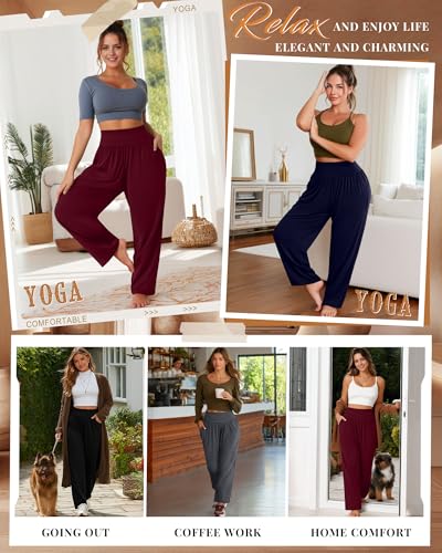 Women's Plus Size Flowy Yoga Lounge Pants 4 Pack - Black, Wine Red, Navy Blue, Dark Gray