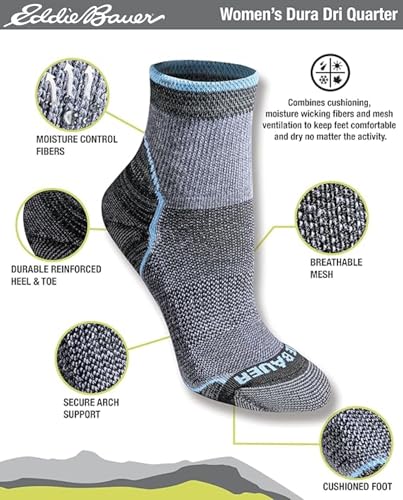 Eddie Bauer Women's Dura Dri Moisture Control Quarter Socks - Medium Charcoal 6 Pairs