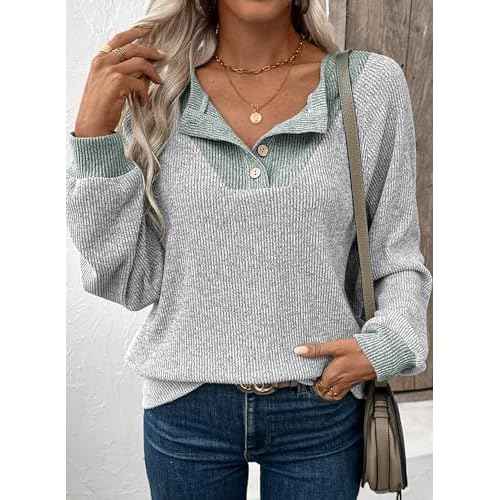 EVALESS Womens Fall Fashion 2025 Womens Long Sleeve Shirts Patchwork Button Up V Neck Sweatshirt Casual Pullover Tops
