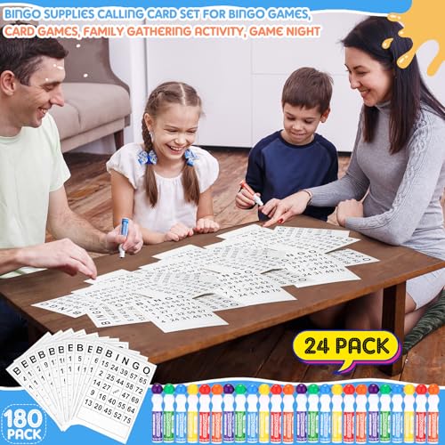 Bingo Card and Dauber Set with 180 Cards and 24 Colorful Markers