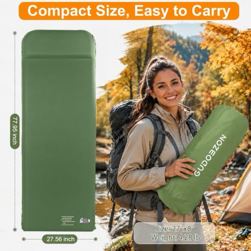 Army Green Self-Inflating Memory Foam Sleeping Pad with Removable Cover