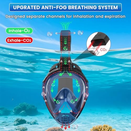 Full Face Snorkel Mask for Adults, 180° Panoramic View, Dry Top, Detachable Camera Mount - Blue Large-X-Large