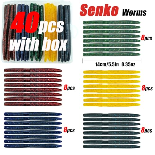 40PCS Wacky Worm Soft Plastic Baits Kit - 5.5 Inch Saltwater & Freshwater Bass Lures