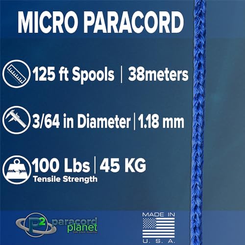 Micro Paracord 125 ft Spool - Thin Nylon Braided Cord for Crafting, Fishing, and Outdoor Use - Black