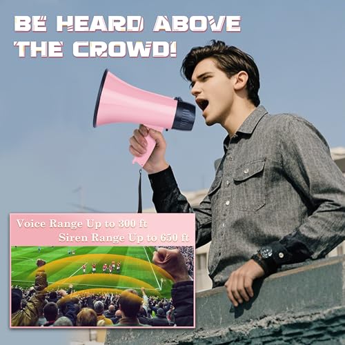 Pink 20W Megaphone Bullhorn with Siren & 240s Recording - Portable Outdoor & Indoor Amplifier