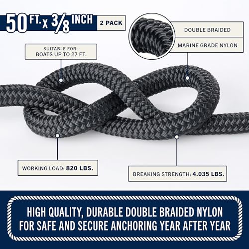 50ft Double Braided Marine Anchor Rope Set - Black, 2 Pack with Stainless Steel Thimbles & Heavy Duty Shackles