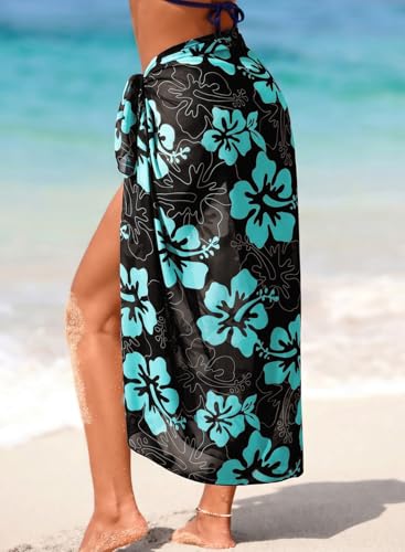 Herseas Women Sheer High Slit Swimsuit Coverup Sarong Chiffon Wrap - One Size Brown Hibiscus
