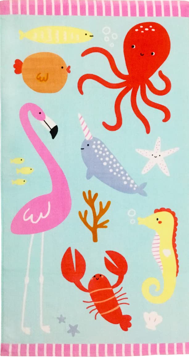 YIFONTIN Beach Towel for Kids Velour Terry Blanket Throw 100% Cotton 25.5X51 inches for Swimming Bath Travel Camping and Picnic, Flamingo Lobster Octopus.